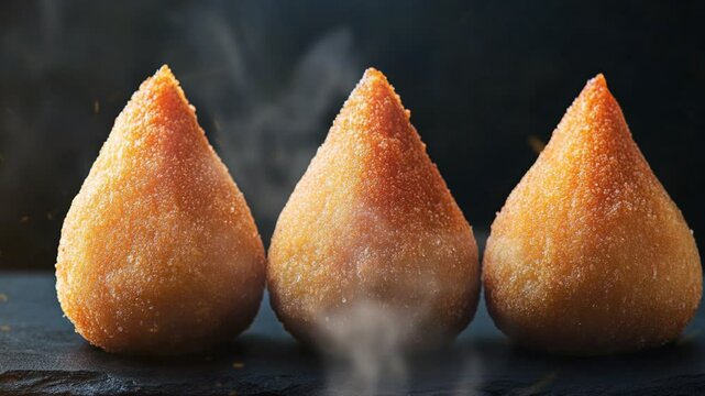 Brazilian coxinhas on black background with smoke around