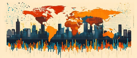 An abstract illustration showing a world map with city skyline