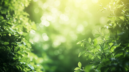 Fototapeta premium Defocused green forest plants and trees backdrop background