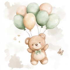 Adorable teddy bear floating amidst pastel balloons