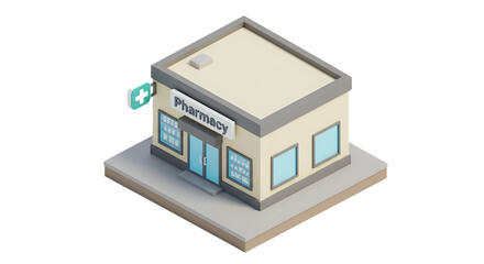 Isometric Pharmacy Building with Cross Sign and Product Display Windows