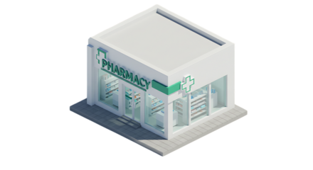 Isometric Pharmacy Building with Green Cross Logo on Transparent Background