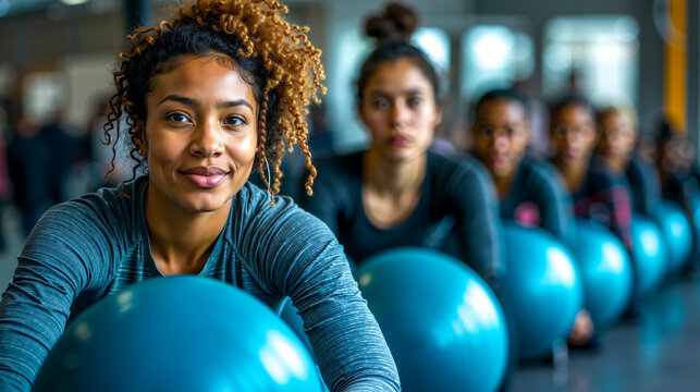 A group of women in a pilates class with blue exercise balls