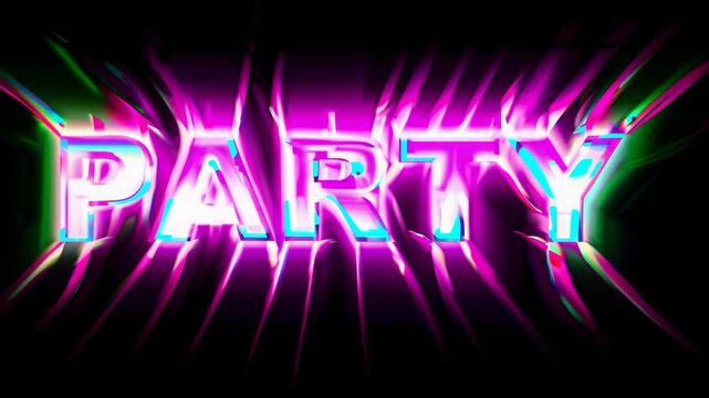 Bold 3D 'PARTY' text with a glitch effect on a black background. The video style uses a frontal camera angle for a dynamic, modern look.