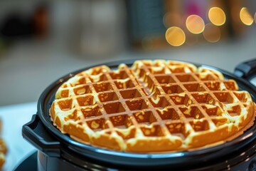 Freshly cooked waffle on a waffle iron during a cozy breakfast setting