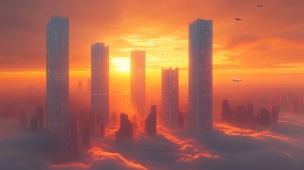 Futuristic city skyline at sunset, skyscrapers above clouds, aerial view, vibrant orange sky, flying vehicles.