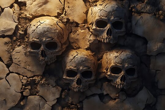 Photo-realistic wall of stone and cracked clay skulls, hyper-detailed with cinematic lighting, emphasizing texture and eerie atmosphere.