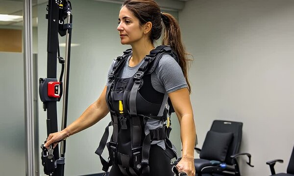 Woman in exoskeleton doing rehabilitation in clinic