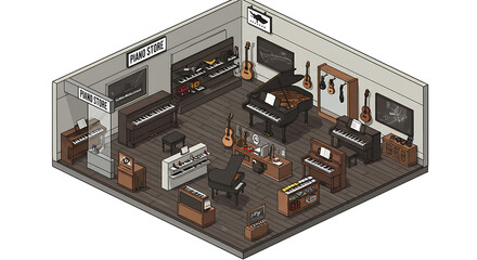 Obraz premium Isometric Piano Store Display with Instruments for Sale Illustration