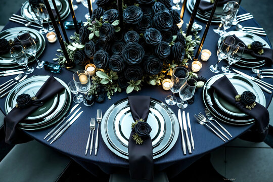 A table set for a formal dinner party with black roses and candles