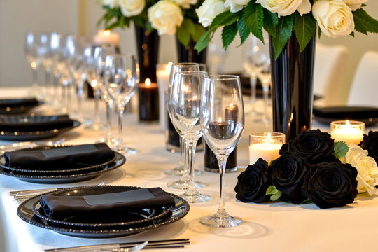 A table set for a formal dinner with black and white flowers and candles