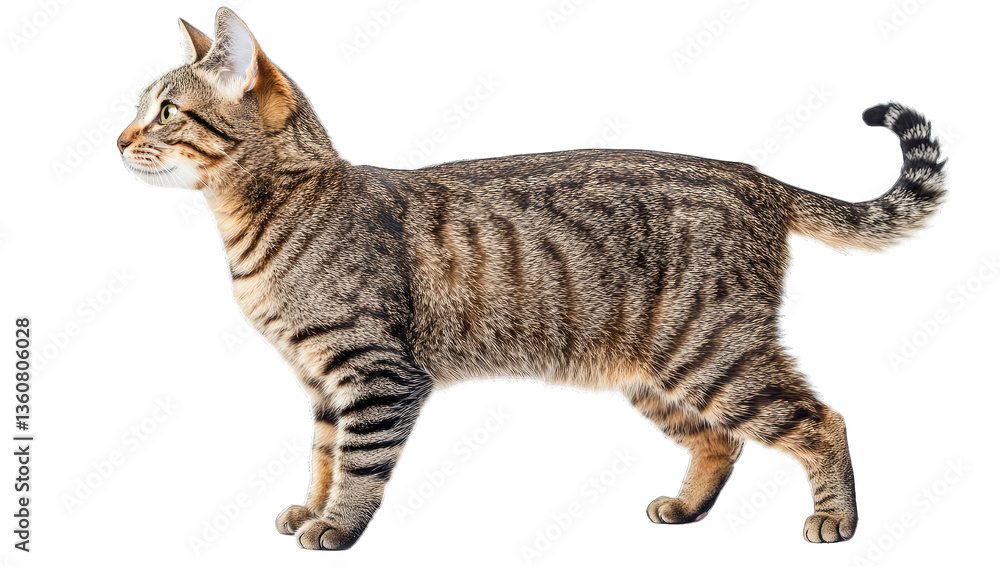 Poster a side view of a striped tabby cat standing on a white backgroun