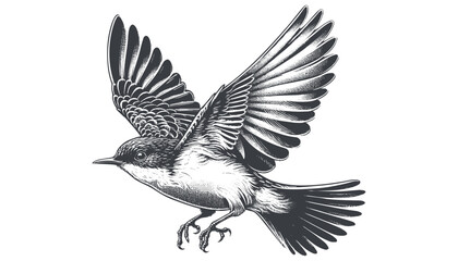 Restless flycatcher bird engraving vector illustration
