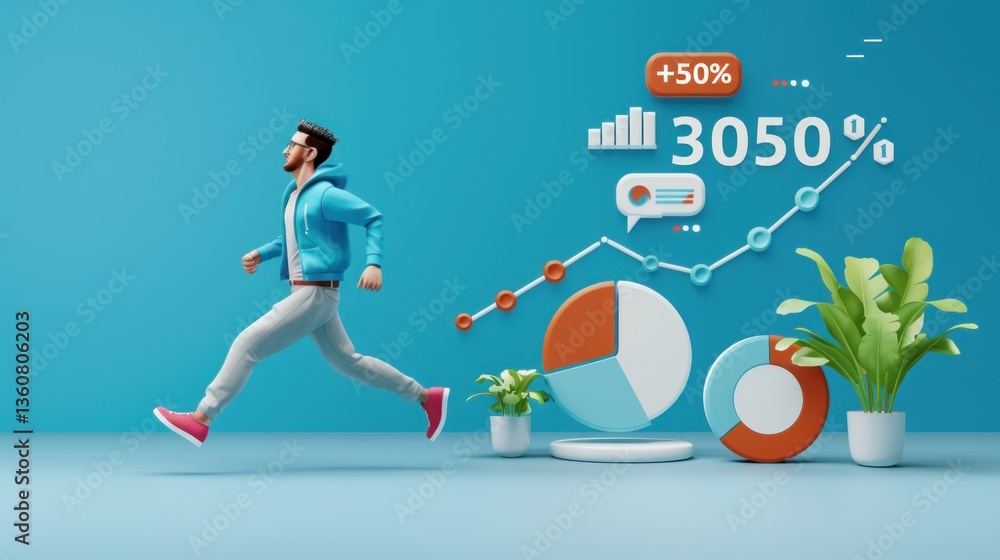 Poster 3d render of person running towards growth charts and graphs
