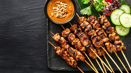 Grilled skewers with peanut sauce and fresh vegetables.  Delicious, flavorful, and satisfying