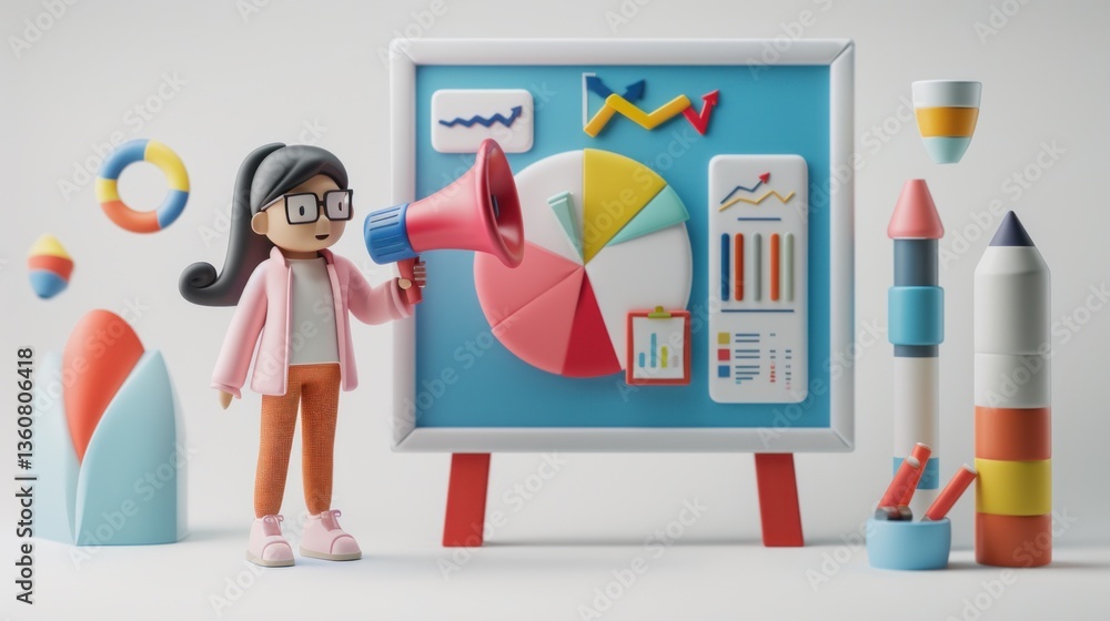 Poster a 3d character presenting data with a megaphone surrounded by colorful charts and graphs for b