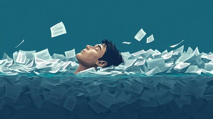Overwhelming Debt Concept. illustration of a man drowning in a sea of debt papers.