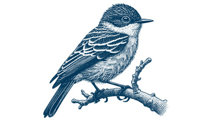 Restless flycatcher bird engraving vector illustration