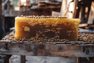 A large honeycomb densely covered with bees rests on a rustic wooden surface in a beekeeping environment. This image highlights traditional honey harvesting and natural food production.