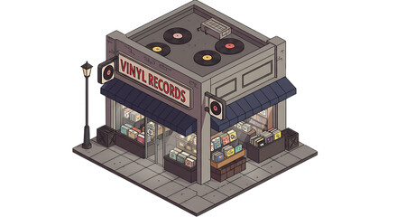 Isometric Vinyl Record Store Illustration with Albums and Street Lamp