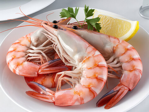 fresh pink shrimps cooked on a plate with lemon on the withe plate in resonant