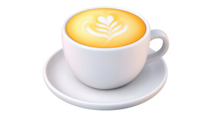 A steaming hot cup of creamy frothy latte in a clean white ceramic mug served on a matching saucer  The latte art design adds a touch of to this comforting morning beverage