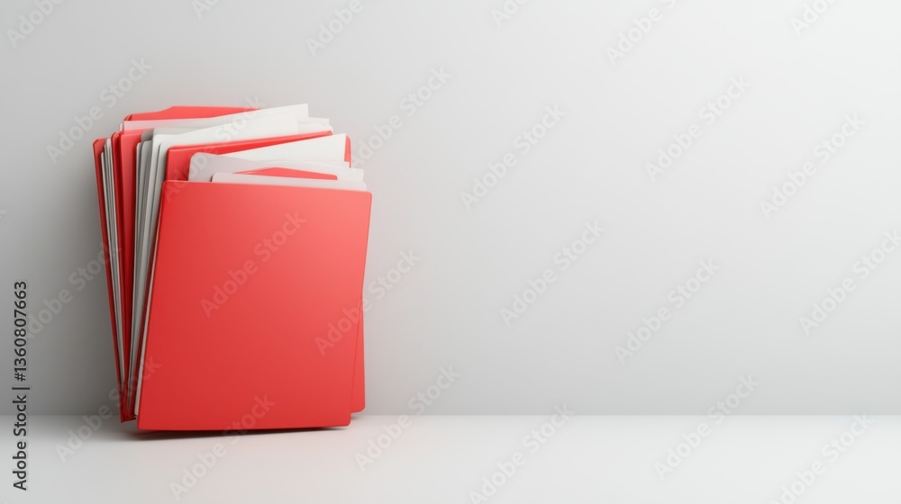 Aufkleber stack of red file folders on white surface against clean background with subtle shadows and minimali