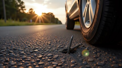 Nail trap on road posing flat tire risk near car wheel - danger ahead