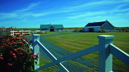 Ranch house, summer day; view of farm building, nature scenery background. For property, real estate ads