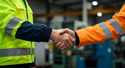 Factory workers handshake agreement.