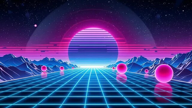 Abstract background with retro 80s vaporwave aesthetic featuring neon grids and glowing spheres for tech and gaming projects
