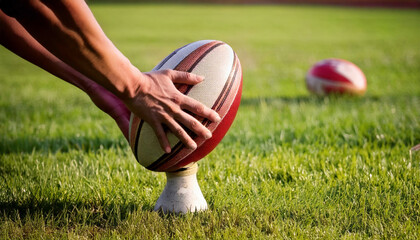 Rugby Player Placing Ball on Tee, Grass Field, Practice, Sport
