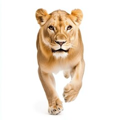 Obraz premium A majestic female lion sprints gracefully, showcasing her strength and beauty against a white background.