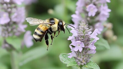 Close-up shot of a bumblebee in flight, approaching a cluster of delicate purple flowers. A captivating display of nature's intricate details.