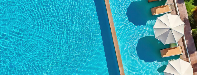 Overhead shot of swimming pool with lounge chairs and umbrellas