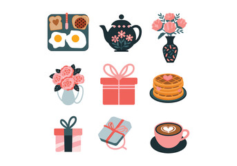 Romantic Breakfast and Gift Icons with Tea, Flowers, Pancakes, and Coffee in Soft Pastel Tones