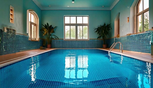 A pristine indoor pool gleams under sunlight streaming through windows
