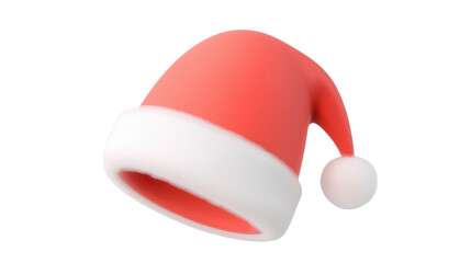 Closeup of a festive and traditional red and white Santa Claus hat with a soft fluffy white pom pom evoking the spirit of the winter holiday season