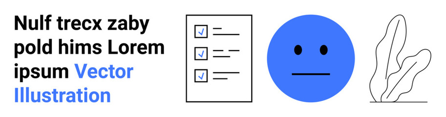 Checklist with checkboxes, neutral blue face expressing balance, abstract leafy design. Ideal for organization, emotion, decision-making, productivity, mindfulness, feedback and minimal design