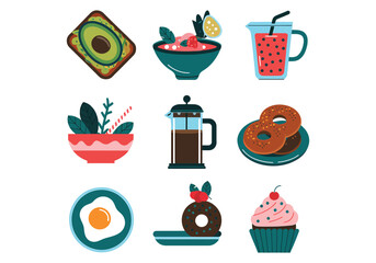 Colorful Flat Icons of Breakfast Food and Drinks Including Donuts, Juice, Egg, and Coffee