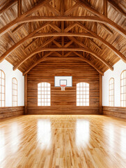 Fototapeta premium Wooden basketball court in rustic gym interior