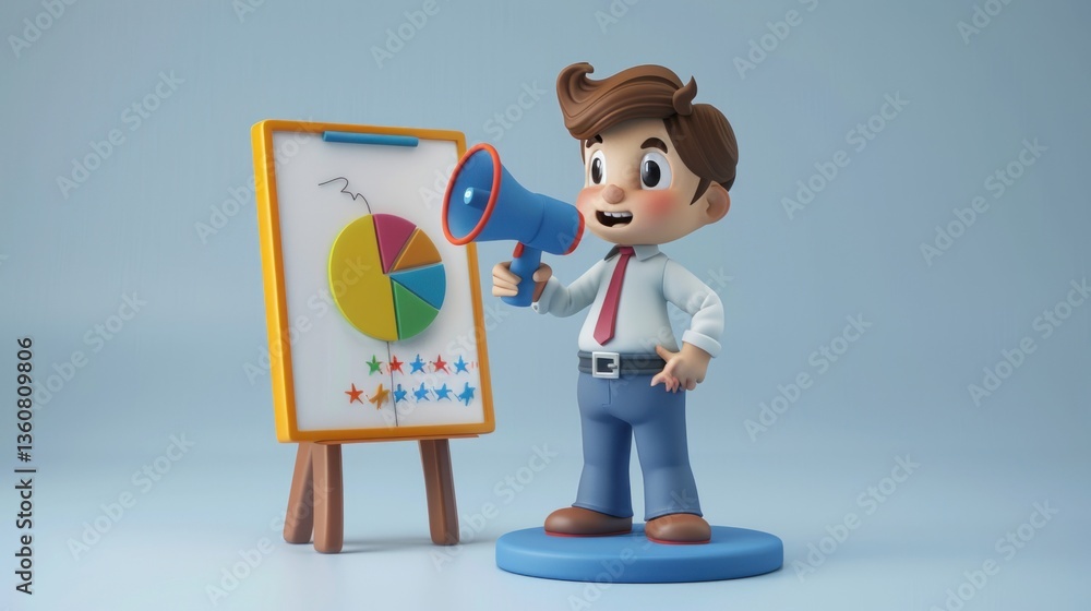 Poster a cartoon character presenting data with a pie chart and megaphone ideal for educational or bu