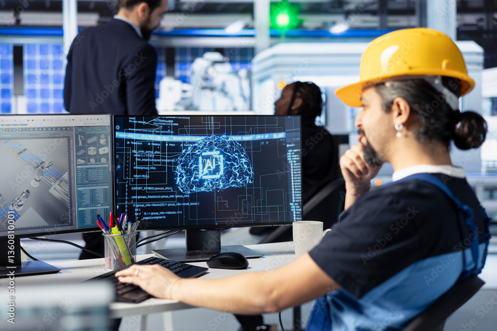 Poster engineer training ai models at workstation in solar panel production facility to identify manufactur