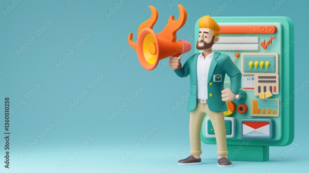 Poster a cartoon character with a megaphone and digital interface ideal for communication technology