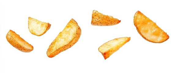 Fried potato wedges arranged and isolated on a clean white background