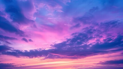 Obraz premium Experience the beauty of a serene evening under a purple sky, adorned with delicate cirrus clouds and twinkling stars.