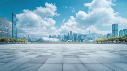 Fototapeta premium Empty city plaza, sunny day, skyscrapers in background, stock photo for business or travel