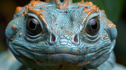 Fototapeta premium A close-up of a lizards head, featuring vibrant blue and orange hues, textured scales, and large, expressive eyes, capturing the intricate details of its appearance