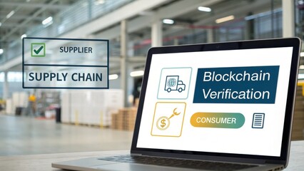 Digital transformation concept. Digital display showing blockchain verification in a supply chain setting with a laptop in a warehouse.