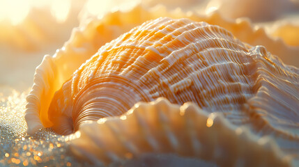Warm, soft lighting illuminates the intricate patterns and natural beauty of seashell textures, evoking a sense of oceanic calm in a close-up view. Whispering Shell. Illustration